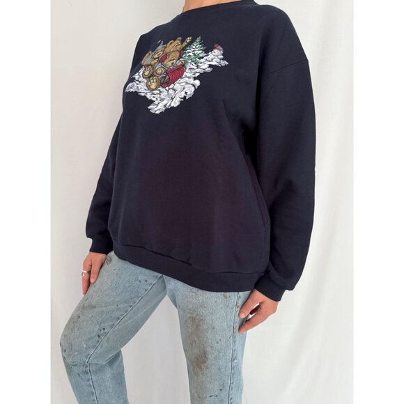 90s vintage teddy bear winter sleigh holiday graphic cotton pullover sweatshirt - Picture 3 of 9